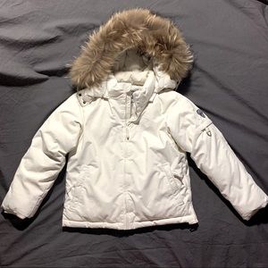 Bonpoint white ski puffer jacket with real fur